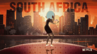 A Cartoon Of A Woman Dancing In Front Of A South Africa Sign GIF