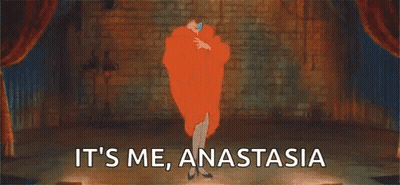 A Cartoon Of A Woman Dancing On A Stage With The Words `` It 'S Me Anastasia '' GIF