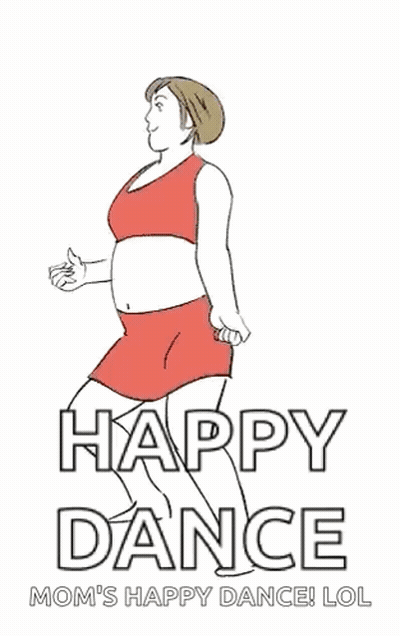 A Cartoon Of A Woman Dancing With The Words `` Happy Dance Mom 'S Happy Dance ! Lol '' . GIF