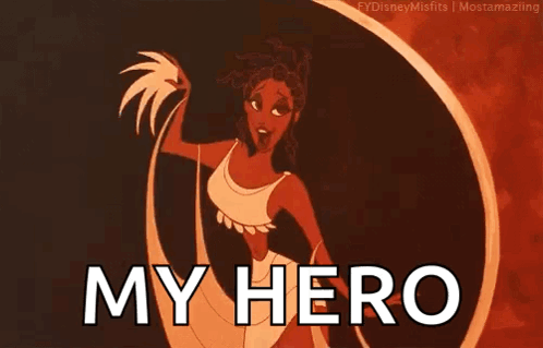 A Cartoon Of A Woman Dancing With The Words `` My Hero '' Written On The Bottom . GIF