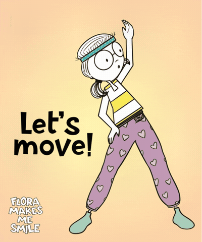 A Cartoon Of A Woman Doing Exercises And The Words Let 'S Move GIF