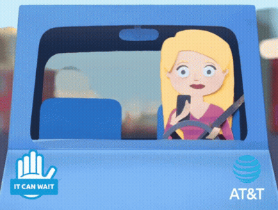 A Cartoon Of A Woman Driving A Car With At & T Written On The Side GIF