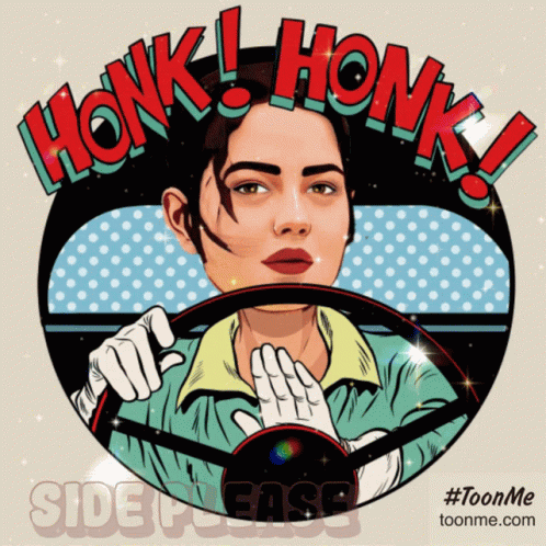 A Cartoon Of A Woman Driving A Car With The Words Honk Honk Written Above Her GIF