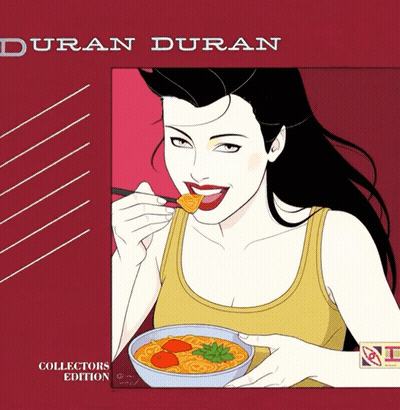 A Cartoon Of A Woman Eating A Bowl Of Soup With The Name Duran Duran On The Top GIF