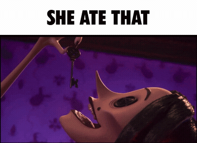 A Cartoon Of A Woman Eating A Key With The Words She Ate That Below Her GIF