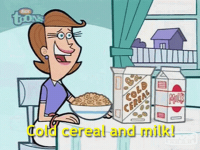A Cartoon Of A Woman Eating Cereal And Milk GIF