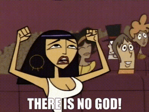 A Cartoon Of A Woman Flexing Her Muscles With The Caption There Is No God GIF