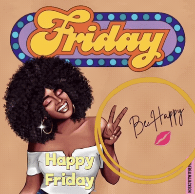 A Cartoon Of A Woman Giving A Peace Sign With The Words Happy Friday Below Her GIF