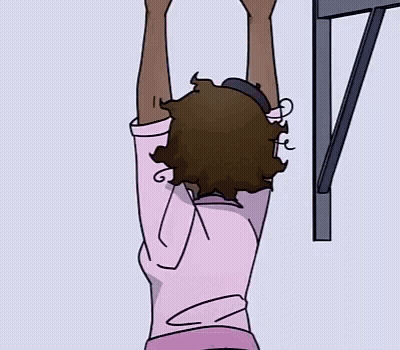 A Cartoon Of A Woman Hanging Upside Down On A Wall With Her Hands In The Air . GIF