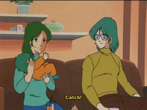 A Cartoon Of A Woman Holding A Baby And A Man Sitting On A Couch Says Catch GIF