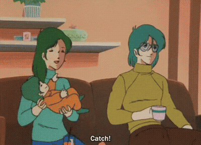 A Cartoon Of A Woman Holding A Baby And A Man Sitting On A Couch That Says Catch GIF