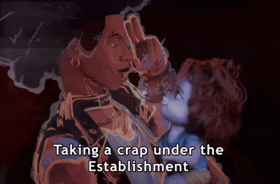A Cartoon Of A Woman Holding A Baby With The Words Taking A Crap Under The Establishment GIF
