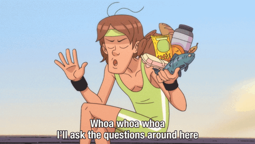 A Cartoon Of A Woman Holding A Bag Of Chips With The Caption Whoa Whoa Whoa I 'Ll Ask The Questions GIF