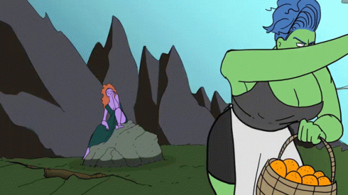 A Cartoon Of A Woman Holding A Basket Of Oranges And Another Woman Sitting On A Rock GIF