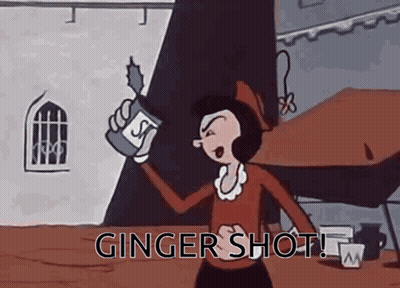 A Cartoon Of A Woman Holding A Bottle Of Ginger Shot GIF