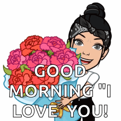 A Cartoon Of A Woman Holding A Bouquet Of Flowers With The Words " Good Morning I Love You " GIF