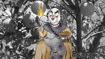 A Cartoon Of A Woman Holding A Bowl Of Food With The Hashtag @Zombiepaella On The Bottom GIF