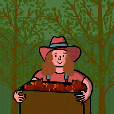 A Cartoon Of A Woman Holding A Box Of Apples With The Words " A Farm Kid With Farm Kid Values " Above Her GIF