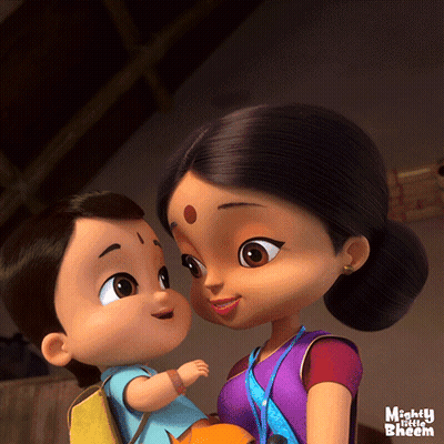A Cartoon Of A Woman Holding A Child With Mighty Little Bheem Written On The Bottom Right GIF