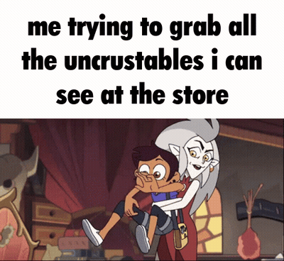A Cartoon Of A Woman Holding A Child With The Words Me Trying To Grab All The Uncrustables GIF