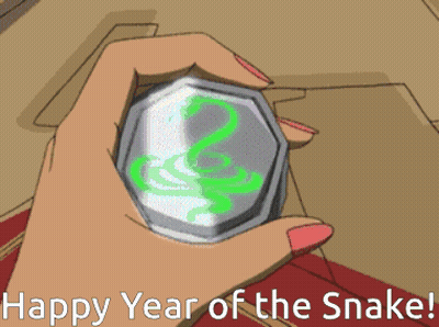A Cartoon Of A Woman Holding A Coin With A Snake On It And The Words Happy Year Of The Snake GIF