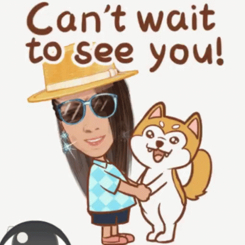 A Cartoon Of A Woman Holding A Dog With The Words Can 'T Wait To See You GIF