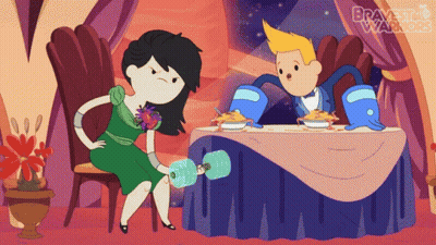 A Cartoon Of A Woman Holding A Dumbbell Next To A Man Sitting At A Table With A Plate Of Food GIF