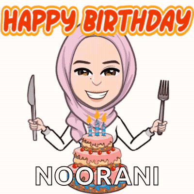 A Cartoon Of A Woman Holding A Knife And Fork In Front Of A Birthday Cake That Says Happy Birthday Noorani GIF