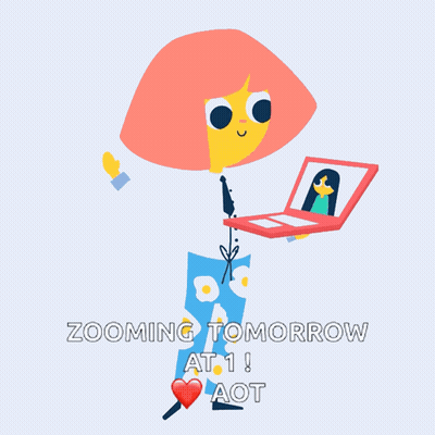A Cartoon Of A Woman Holding A Laptop With The Words Zooming Tomorrow At 1 Aot Below Her GIF