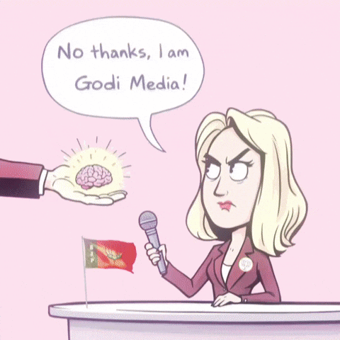 A Cartoon Of A Woman Holding A Microphone And Saying No Thanks I Am Godis Media GIF