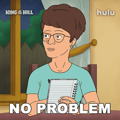 A Cartoon Of A Woman Holding A Notebook With The Words " No Problem " Below Her GIF