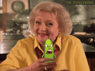 A Cartoon Of A Woman Holding A Pickle With The Words " The Pickleverse " Below Her GIF
