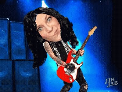 A Cartoon Of A Woman Holding A Red Guitar With Jib Jab In The Corner GIF