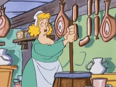 A Cartoon Of A Woman Holding A Sausage In A Kitchen GIF