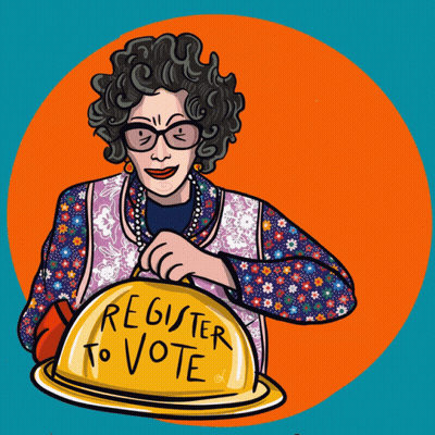 A Cartoon Of A Woman Holding A Sign That Says " Register To Vote " GIF