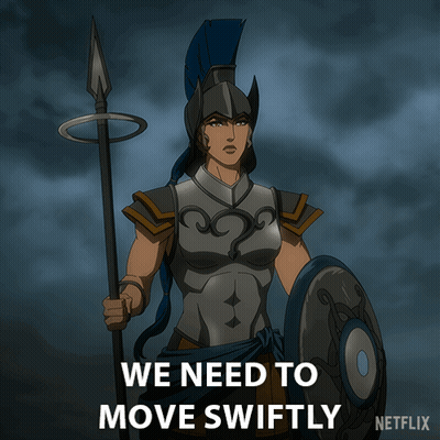 A Cartoon Of A Woman Holding A Spear And Shield With The Words " We Need To Move Swiftly " Below Her GIF