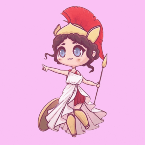 A Cartoon Of A Woman Holding A Spear With The Words Welcome To The Athens Below Her GIF