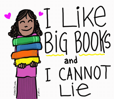 A Cartoon Of A Woman Holding A Stack Of Books With The Words I Like Big Books And I Cannot Lie GIF