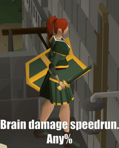 A Cartoon Of A Woman Holding A Sword And Shield With The Words Brain Damage Speedrun Any % On The Bottom GIF