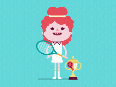 A Cartoon Of A Woman Holding A Tennis Racket And A Trophy GIF