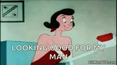 A Cartoon Of A Woman Holding A Toothbrush With The Words Looking Good For My Man Below Her GIF