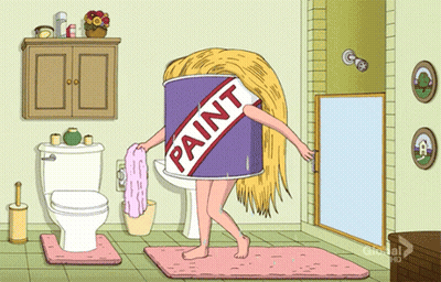A Cartoon Of A Woman Holding A Towel And A Can Of Paint On Her Head GIF