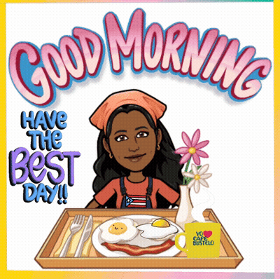 A Cartoon Of A Woman Holding A Tray Of Food With The Words Good Morning Have The Best Day Below Her GIF