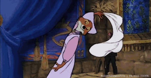 A Cartoon Of A Woman Holding A White Cloth With Disney Misfits On The Bottom GIF
