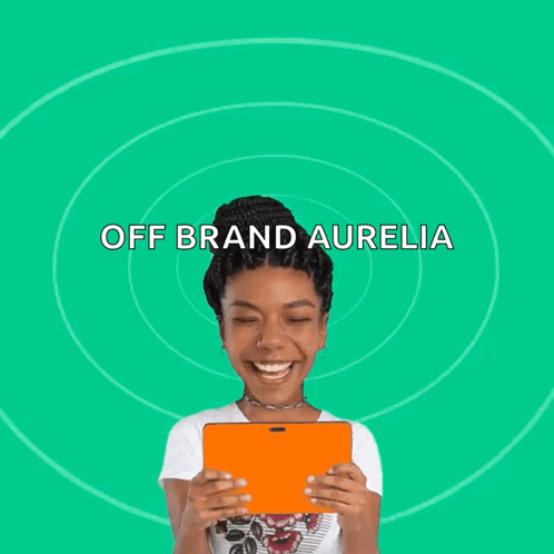 A Cartoon Of A Woman Holding An Orange Tablet With The Words Off Brand Aurelia Above Her Head GIF