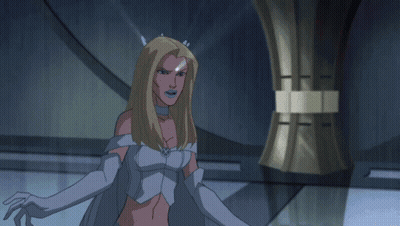 A Cartoon Of A Woman Holding Her Head With A Light Coming Out Of Her Eyes GIF