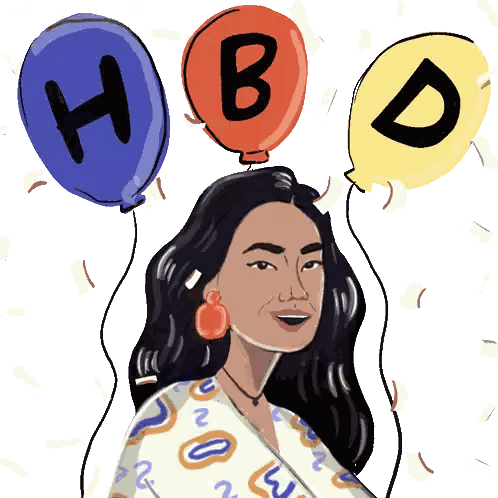 A Cartoon Of A Woman Holding Three Balloons That Say Hbd Sticker