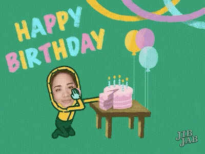 A Cartoon Of A Woman Hugging A Birthday Cake With The Words Happy Birthday Above Her GIF