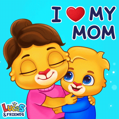 A Cartoon Of A Woman Hugging A Child With The Words " I Love My Mom " Behind Them GIF
