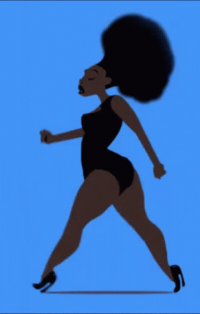 A Cartoon Of A Woman In A Black Swimsuit Walking On A Blue Background GIF